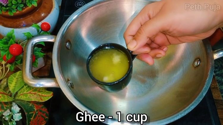Step 1.1: Melt ghee in a heavy-bottomed pan or kadai over medium flame