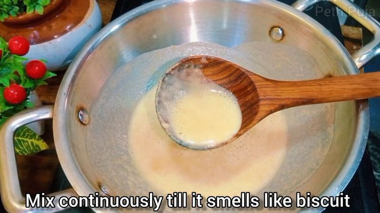 Step 1.1: Once the flour changes color to brownish biscuit shade, dissolve sugar into the mixture