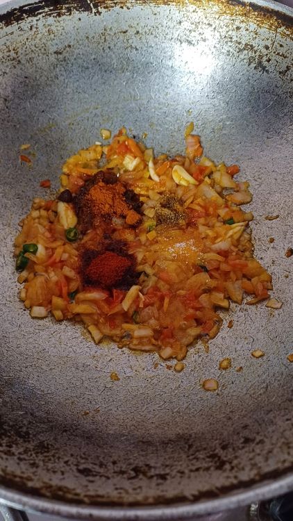 Step 1.1: Add turmeric powder, kashmiri red chilli powder, agri masala, and salt
