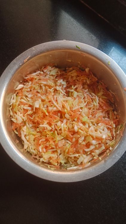 Step 1.2: Finely grate cabbage, carrots, capsicum, onions and chopped fresh coriander leaves