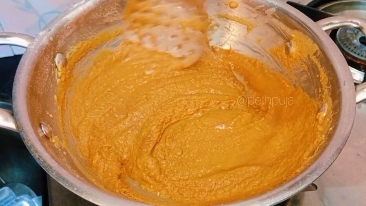 Step 1.2: In the same ghee, roast wheat flour on low flame until it turns golden brown and slightly dry