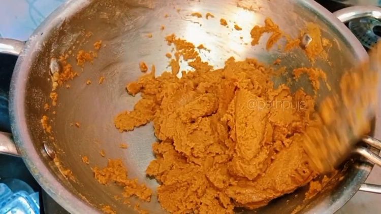 Step 1.3: In the same ghee, roast wheat flour on low flame until it turns golden brown and slightly dry
