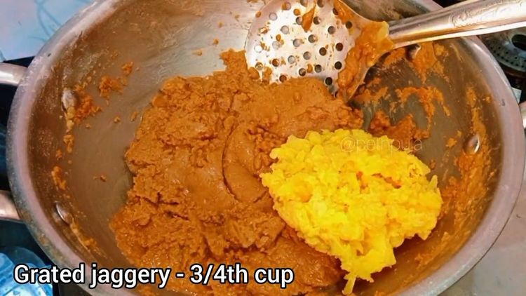 Step 1.1: Switch off the flame and let it cool down a bit then mix in grated jaggery, cardamom powder, crushed edible gum, and a pinch of salt