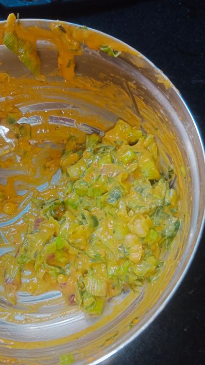 Step 1.1: Add chickpea flour and corn flour to the mixture and combine using your fingers