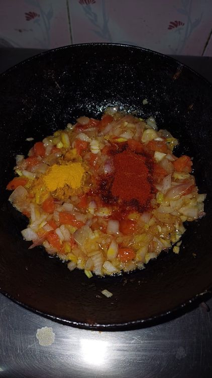 Step 1.1: Add Kashmiri red chili powder and turmeric powder