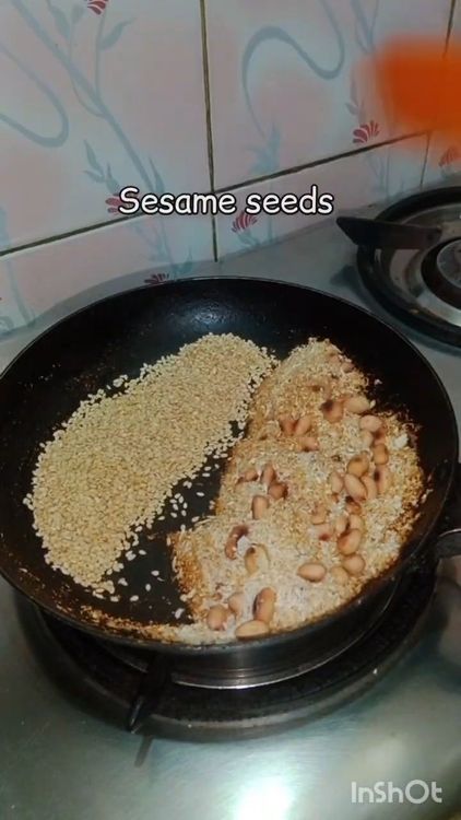 Step 1.1: Dry roast dry coconut, sesame seeds, and groundnuts separately until aromatic