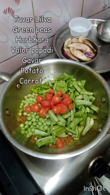 Step 4.1: Add chopped vegetables like broad beans, green peas, tender green chickpeas, flat beans, cluster beans, carrot, and potato to the masala