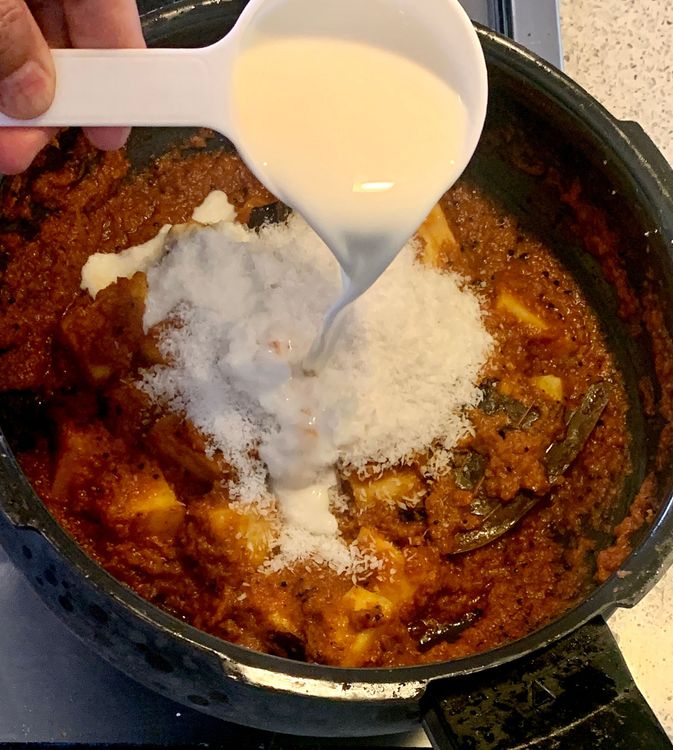 Step 1.1: Add the desiccated coconut and milk and mix with the spices and potatoes