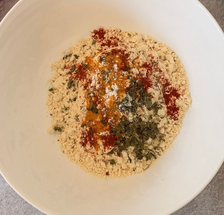 Step 2.1: Mix gram flour, rice flour (if using), carom seeds, dried fenugreek leaves, baking soda (add just before frying), and salt