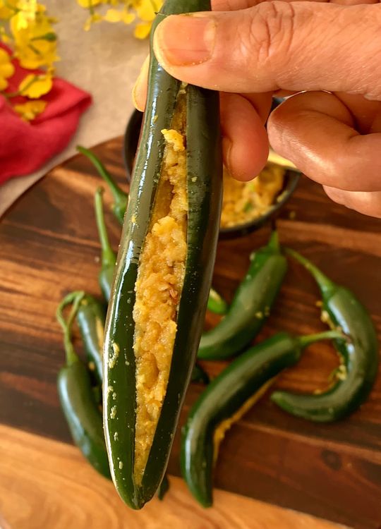 Step 1.1: Fill each green chilli pepper with the potato mixture and set them aside