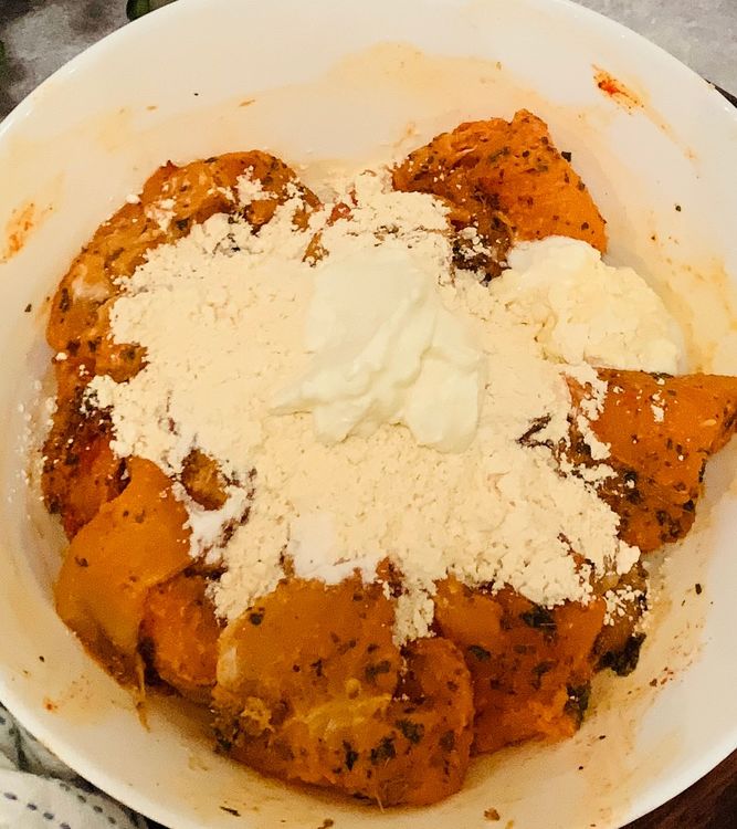 Step 3.1: To the marinated fish, add gram flour, rice flour, curd and salt to taste