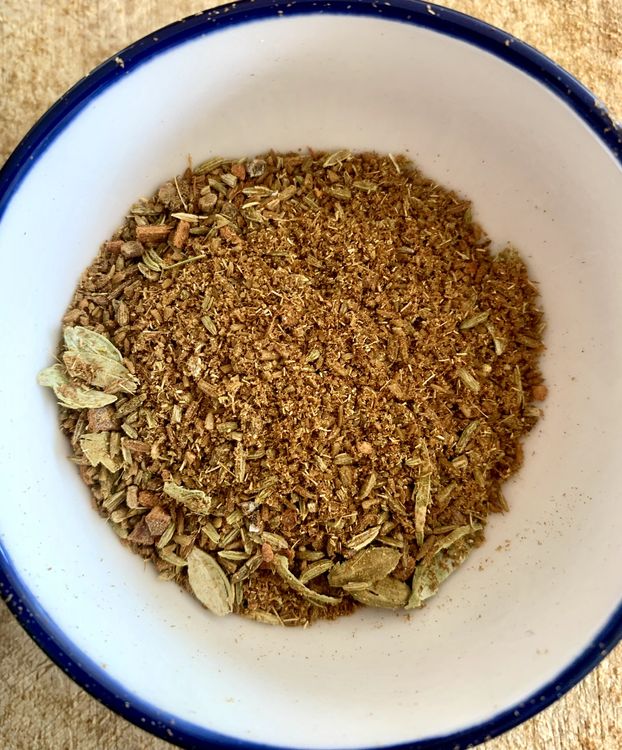 Step 1.1: Toast green cardamom, black peppercorns, cumin seeds, fennel seeds, cloves and cinnamon on medium heat until aromatic