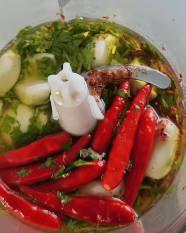 Step 1.1: Mix the lime juice, lemon juice, orange juice, lemon zest, garlic, red chillies, and chopped cilantro in a chopper