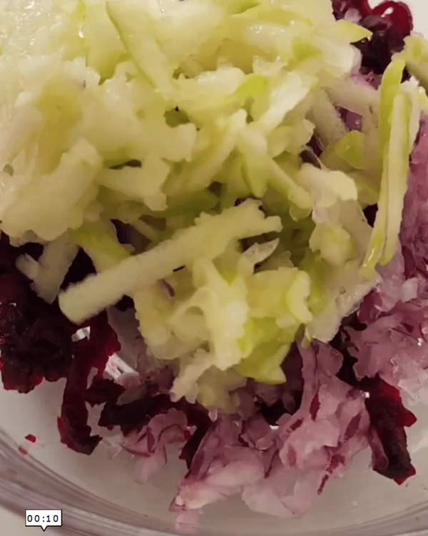 Step 1.1: In a large bowl, combine the grated roasted beets, grated green apple, and grated red onion