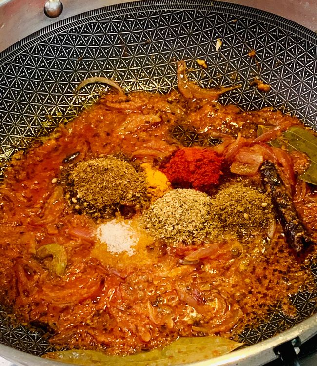 Step 1.1: Add turmeric, coriander powder, biryani masala, kashmiri red chilli powder and salt