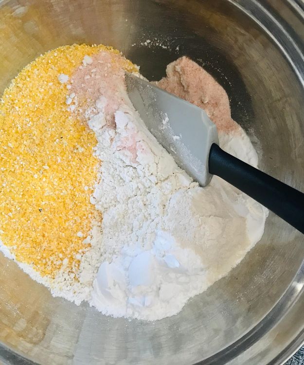 Step 1.1: In a large mixing bowl, add polenta, flour, starch, salt, baking powder, psyllium husk powder, baking soda, and cayenne