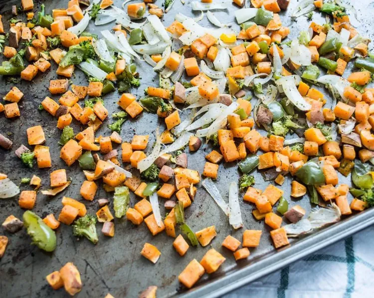 Step 2.1: Lay veggies out in a single layer on the baking sheet and roast for 10 minutes