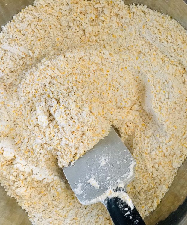 Step 1.2: In a large mixing bowl, add polenta, flour, starch, salt, baking powder, psyllium husk powder, baking soda, and cayenne