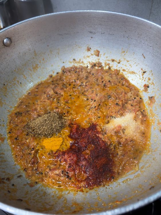 Step 2.1: Add turmeric, coriander powder, Kashmiri chilli powder, and salt