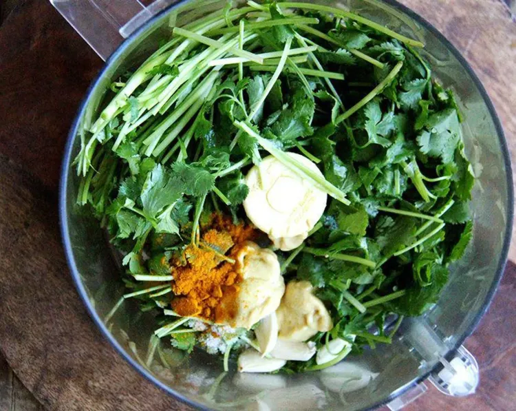 Step 1.1: Place the fresh cilantro, lime juice, olive oil, garlic, Dijon mustard, granulated sugar, ground turmeric, salt, and freshly ground black pepper in a food processor or blender