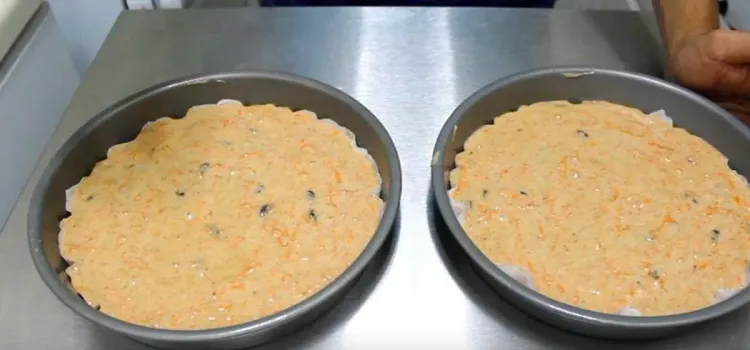 Step 1.1: Transfer batter to two lightly greased 8-inch cake pans lined with parchment paper