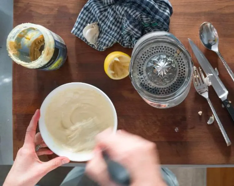 Step 3.1: Combine tahini, lemon juice, minced garlic, extra-virgin olive oil, and sea salt