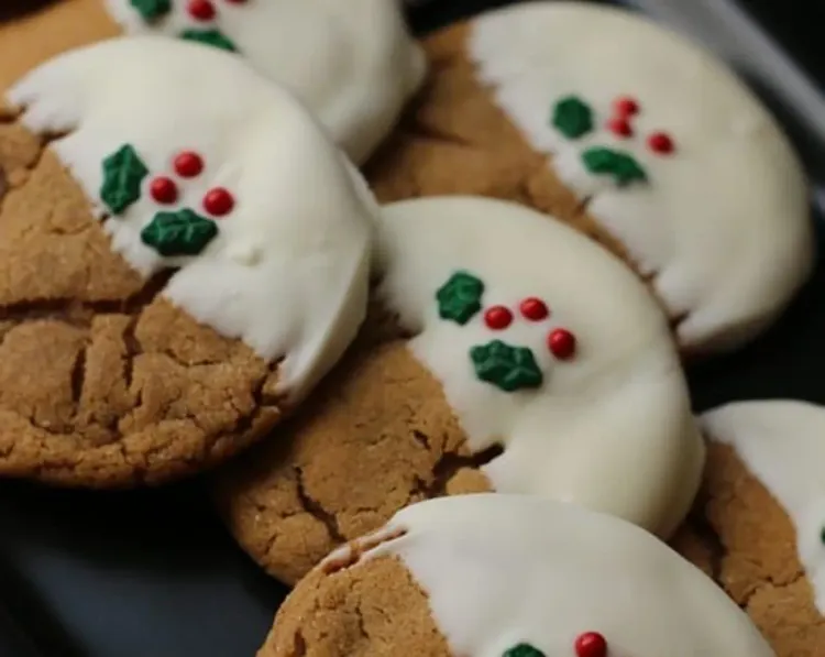 Step 8.1: Dip each cookie halfway into melted white chocolate and place back on parchment paper to dry