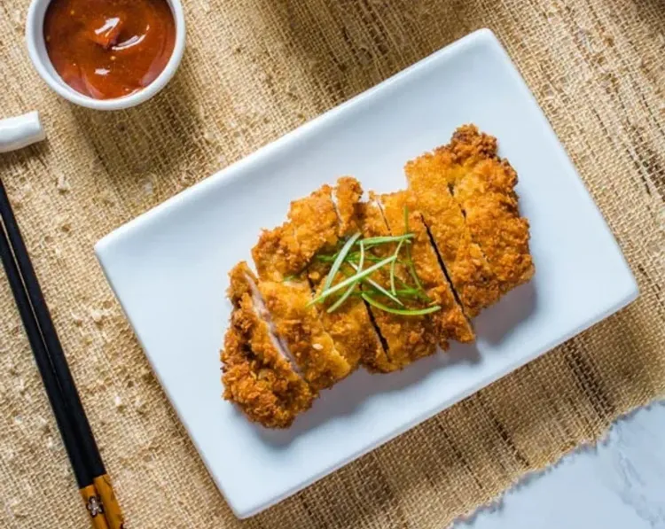 Step 4.1: Serve the chicken katsu with steamed rice and tonkatsu sauce