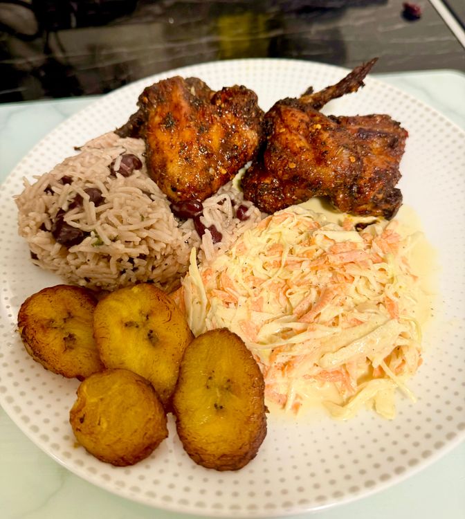 Jerk Chicken Wings with Rice n’ Peas and Coleslaw recipe