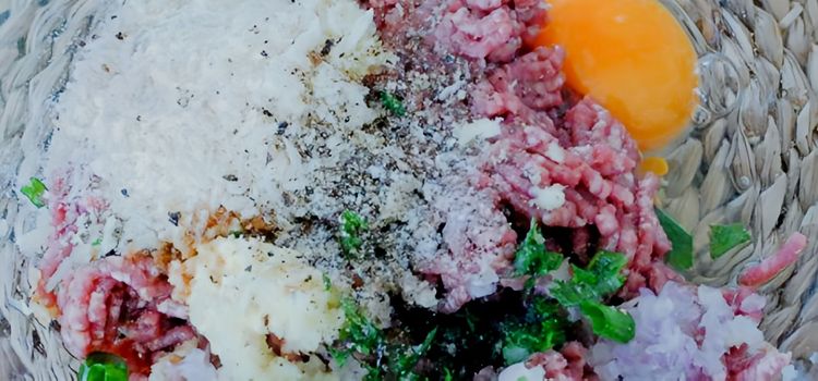 Step 2.1: Mix ground beef, egg, breadcrumbs, garlic, fresh ginger, and scallions in a large bowl