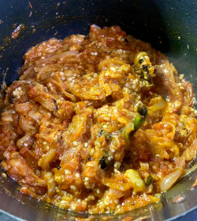 Step 1.1: Add the mashed eggplant and stir