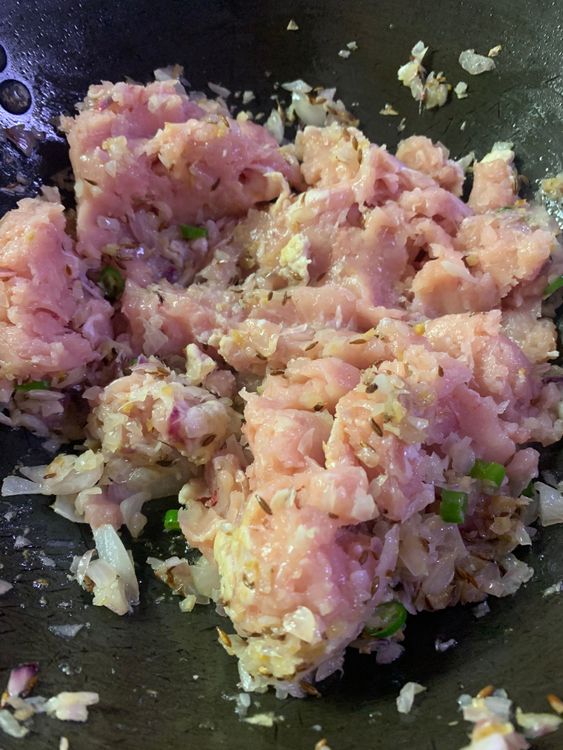Step 2.1: Add the ground chicken and mix to combine