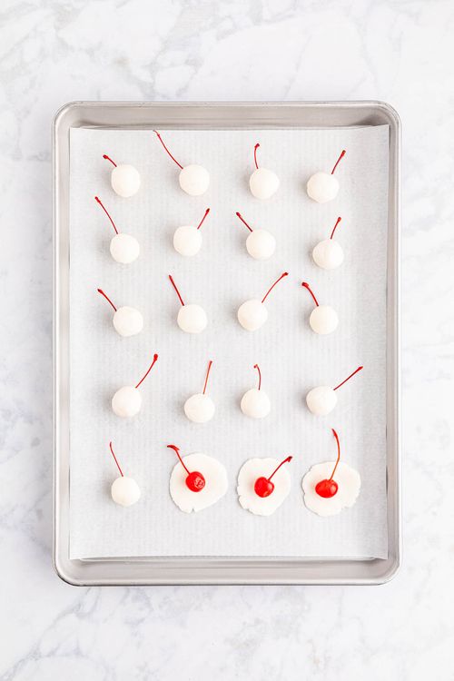 Step 1.1: Wrap each disc around a maraschino cherry, keeping the stems exposed