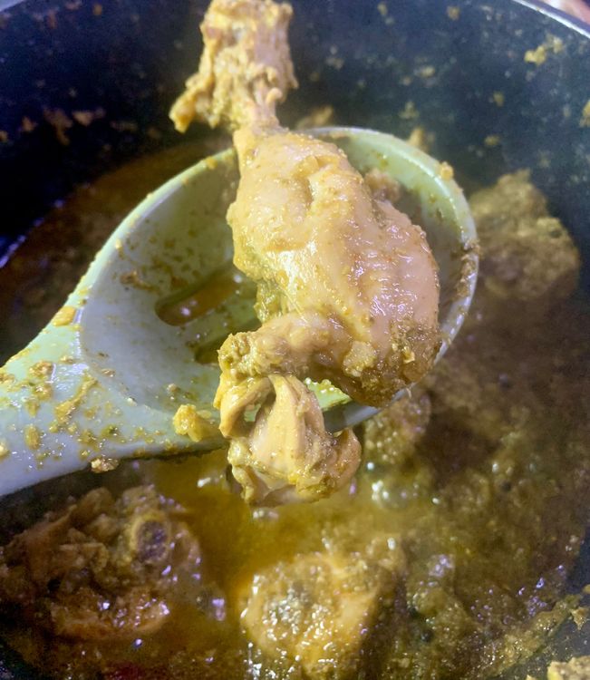 Step 2.1: To check if the chicken is done, it should come apart easily from the bone when poked with a fork or a knife