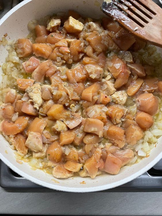 Step 1.1: Add the marinated chicken to the pan and fry for 5 minutes