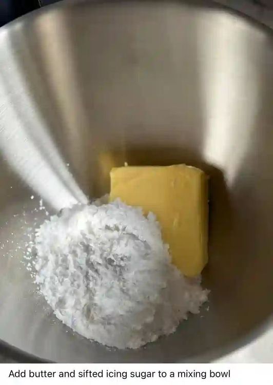Step 1.1: Add butter and sifted icing sugar to a mixing bowl