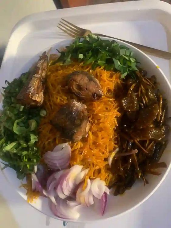 Step 1.1: Garnish the Abacha with some cooked cowskin (kpomo) or fried mackerel fish