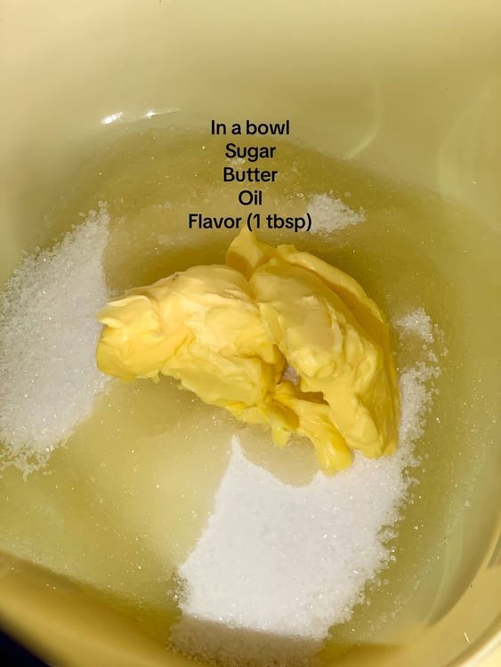 Step 1.1: In a bowl, combine sugar, butter, oil, and flavoring