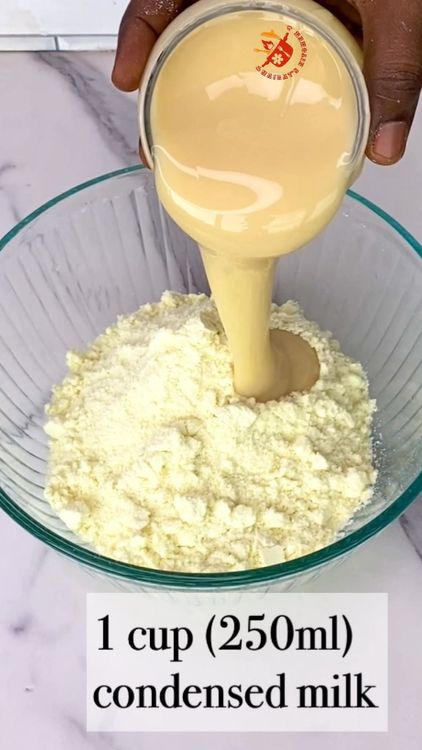 Step 1.1: Mix powdered milk, condensed milk, and water in a bowl