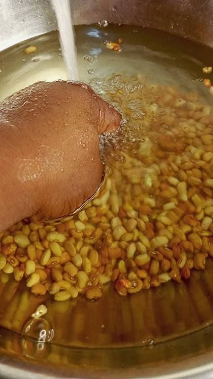 Step 1.5: For a traditional procedure, pour one cup of water into your bowl of beans , , soak for 2 minute and rub them together with your hands until the chaff is separated