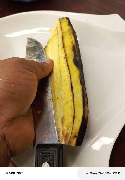 Step 1.3: Peel and cut the plantains into cubes