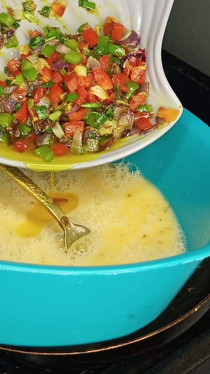 Step 2.1: Add the cooled sauce into the whisked eggs and mix well