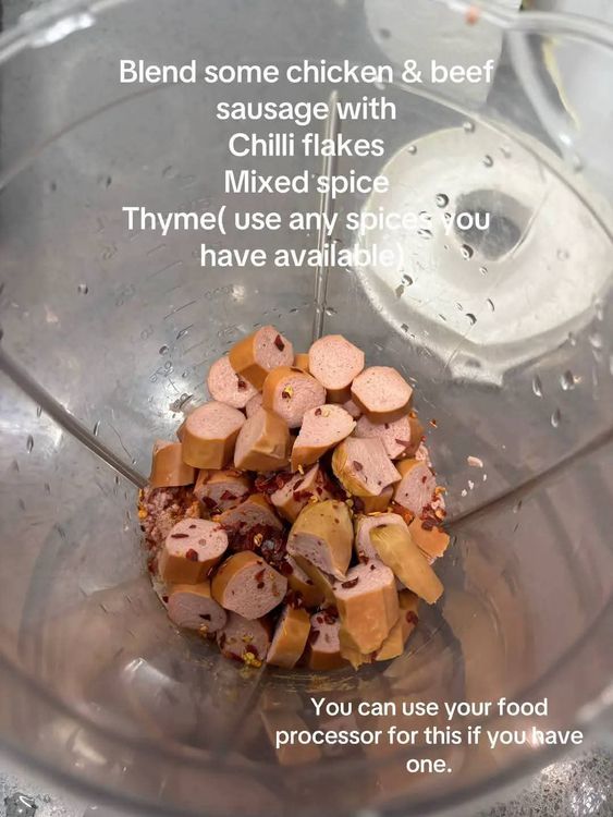 Step 1.2: Blend chicken and beef sausage with chili flakes, mixed spices, thyme, and any other flavor of your choice using a food processor or blender