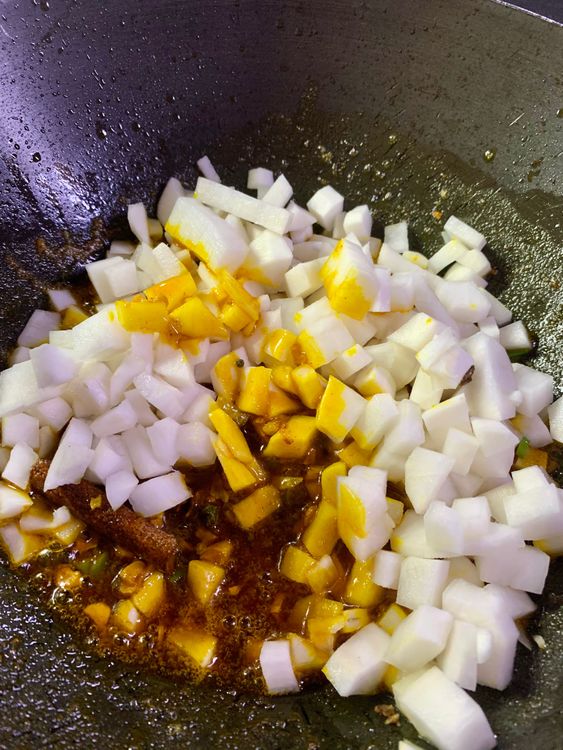 Step 1.1: Add the chopped radish pieces