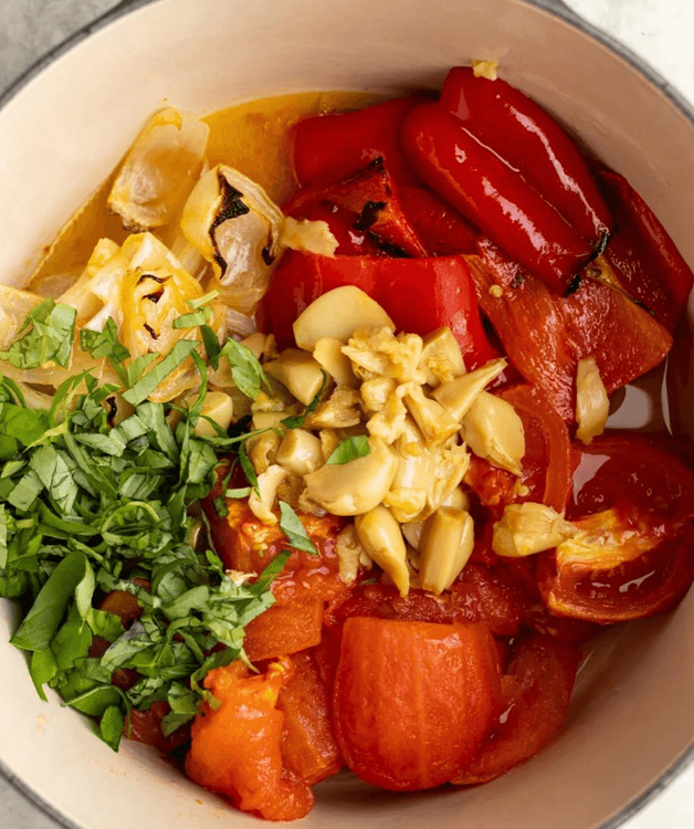 Step 1.1: Let the roasted vegetables cool, then blend them into a smooth sauce