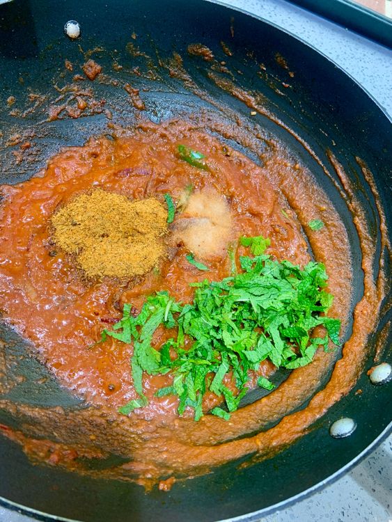 Step 3.1: Add biryani masala, red chilli powder, mint, and salt