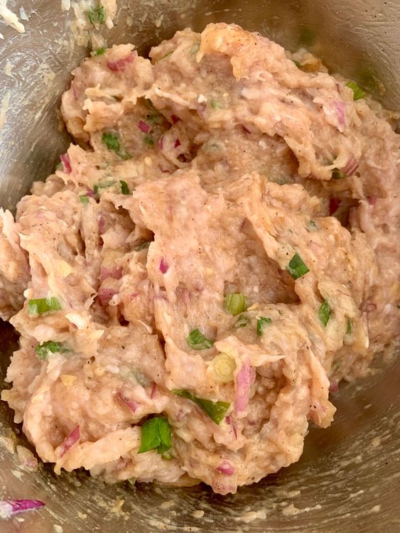 Step 2.1: In a mixing bowl, mix the chicken mince, onion, green onion, ginger, soy sauce, oil, salt, black pepper, and white pepper until well combined