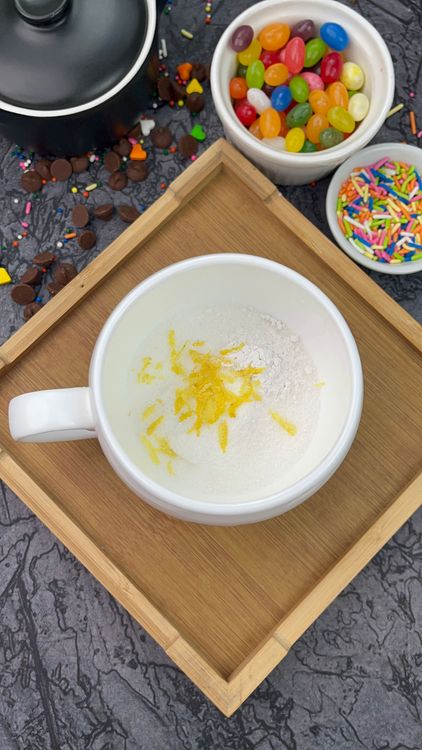 Step 1.1: In a microwave-safe mug, mix flour, sugar, baking powder, salt, and optional lemon zest