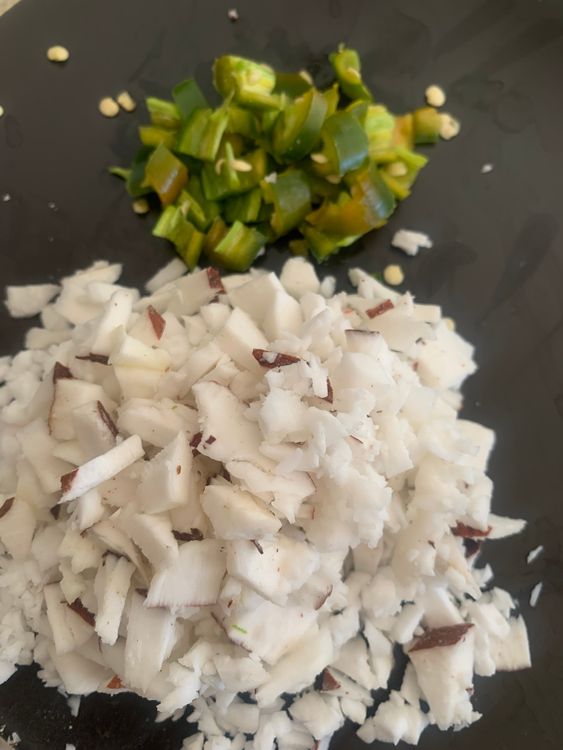 Step 1.1: Chop the green chillies and grate the fresh coconut