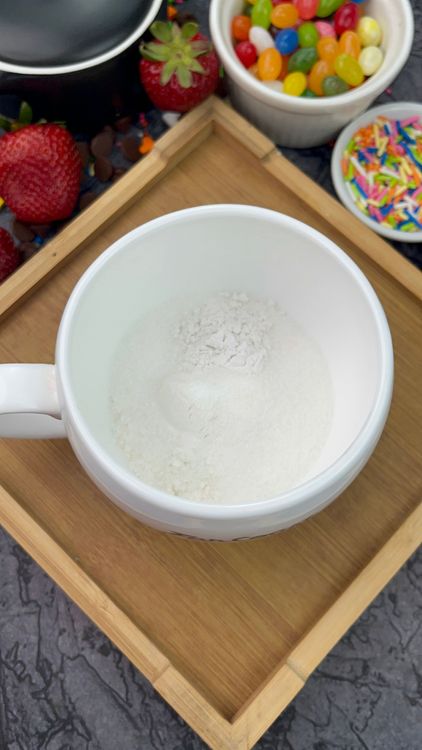 Step 1.1: In a microwave-safe mug, mix the flour, sugar, baking powder, and salt